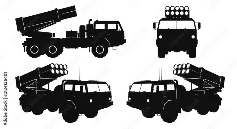 Fototapeta premium Military Rocket Launcher Truck Vector Silhouette Set Various Angles Army Vehicle Icon Collection