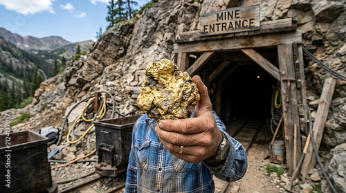 Prospector holding large gold nugget at mine entrance.