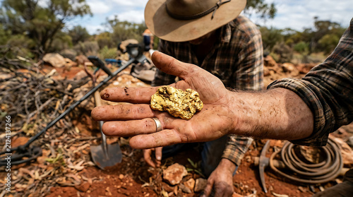 Prospector holding raw gold nuggets in hands.