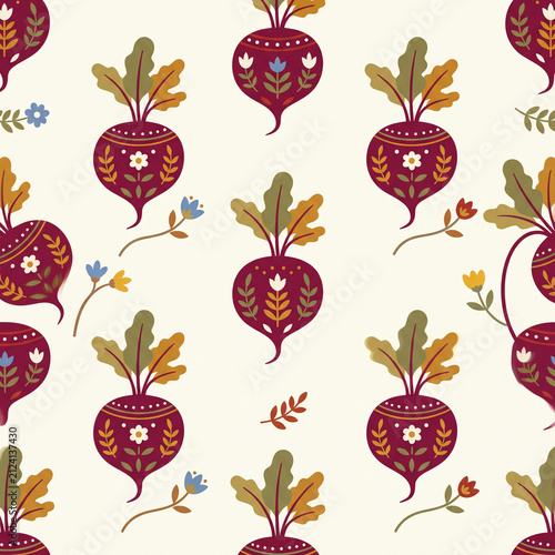 Folk Beet Pattern: A charming, repeating pattern featuring stylized beet illustrations with decorative folk art motifs and delicate floral accents on a light, textured background.
