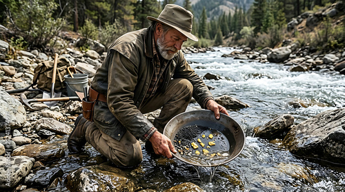 Prospector panning for gold in a mountain stream.