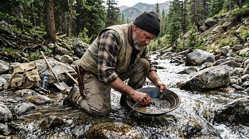Prospector panning for gold in mountain stream.