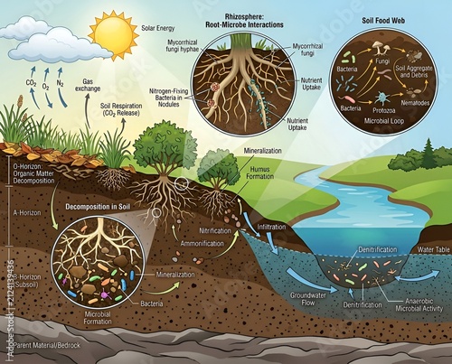 Soil ecosystem biology infographic diagram showing rhizosphere microbes food web and nitrogen cycle
