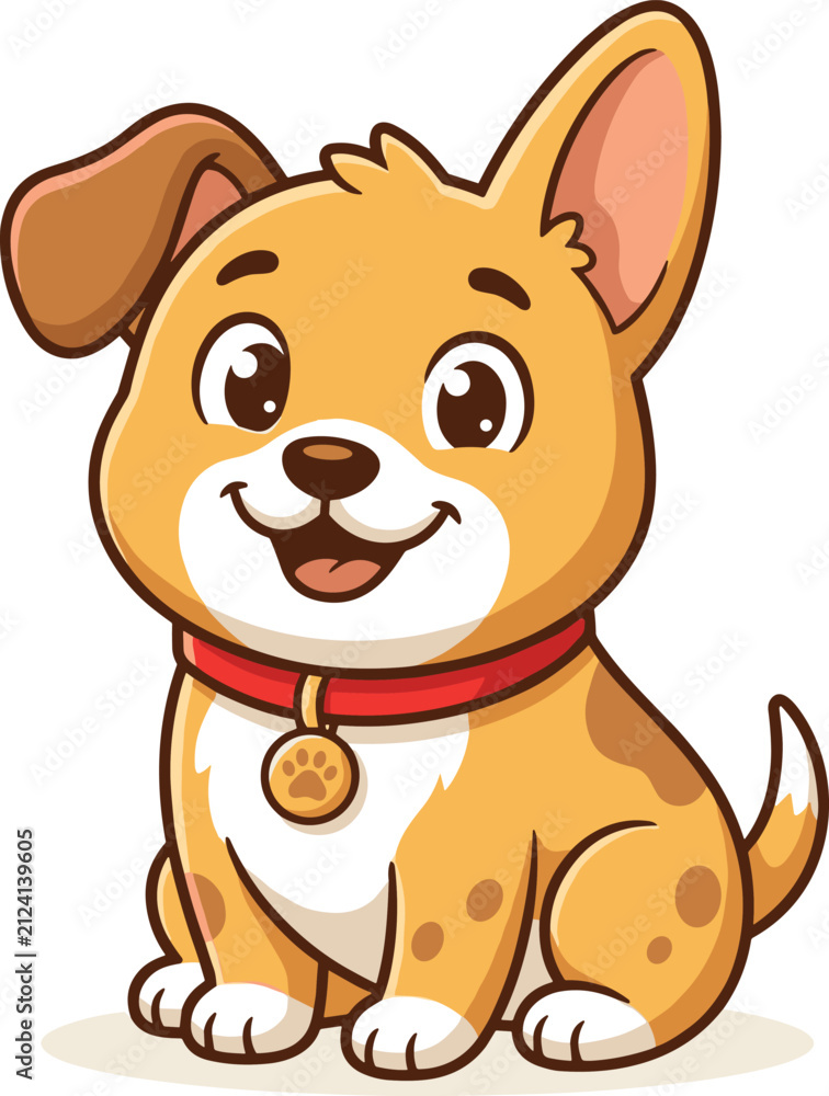 Fototapeta premium Cute cartoon brown spotted puppy sitting vector illustration wearing a red collar with paw tag isolated on white background