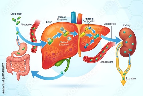 Drug metabolism process diagram showing absorption, liver phase I and II enzymes, excretion and bloodstream pathway