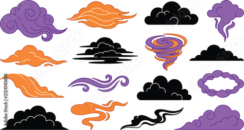 Happy Halloween Colorful weather and cloud icons set with tornado and storm effects Vector