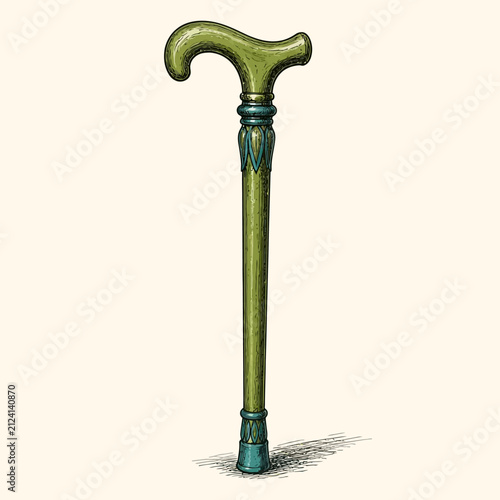 An ornate vintage walking cane with a curved handle and decorative metal accents.