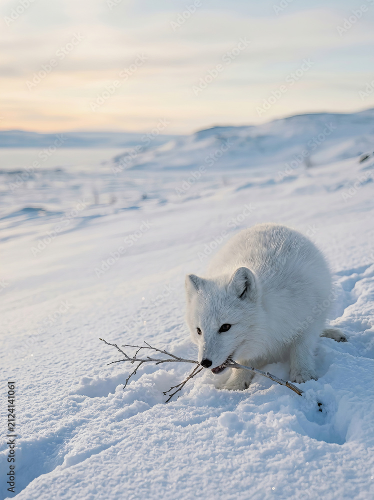 Fototapeta premium Arctic fox carrying a twig in deep snow during winter sunset on frozen tundra landscape