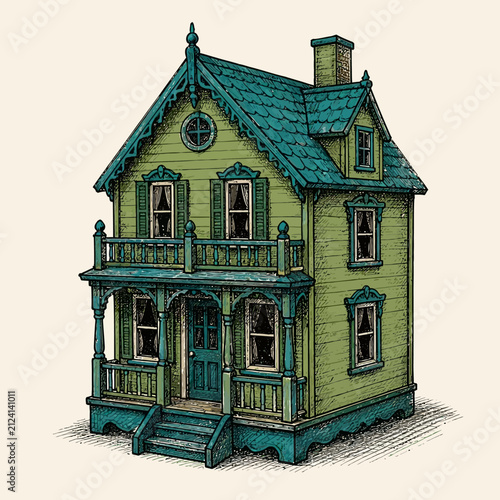 Detailed illustration of a vintage two story Victorian style house with a balcony.