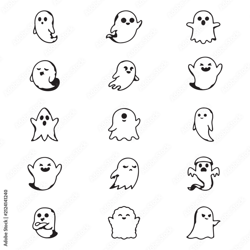 Fototapeta premium Set of cute handdrawn ghost doodles featuring various facial expressions and poses for halloween party invitations and spooky seasonal graphic design projects