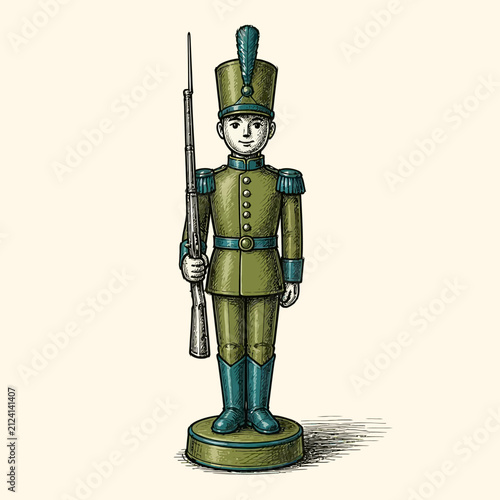 Vintage style illustration of a toy soldier standing at attention with a rifle.