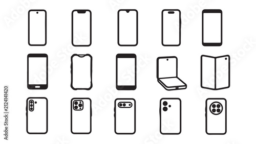 A comprehensive collection of fifteen various smartphone icons featuring different screen notches camera layouts and folding screen designs for mobile interface