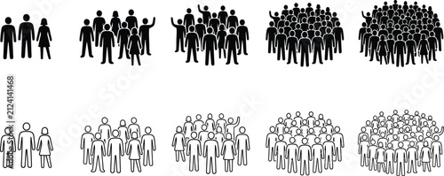 People crowd, social group, population, community and team vector icon set, men and women standing together.