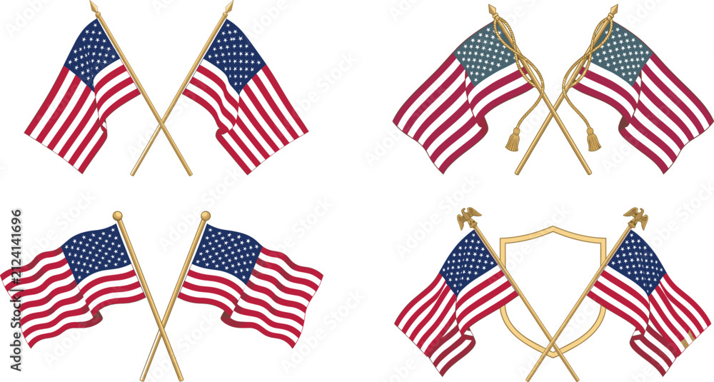 Obraz premium United States crossed flags vector illustration set American USA flag ribbon tassel eagle pole shield emblem Fourth of July patriotic design elements