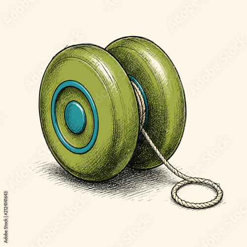 A vintage style illustration of a green yo-yo with a string loop.