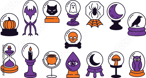 Happy Halloween-themed snow globe collection with spooky icons and symbols Vector