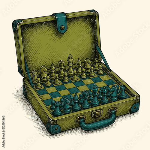 Vintage style briefcase containing a complete chess set with pieces arranged on the board.