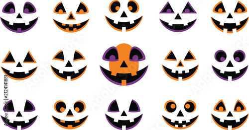 Happy Halloween Assorted halloween jack o lantern faces in black orange and white color scheme Vector