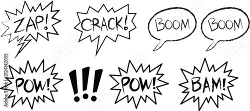 Comic speech bubble set displaying hand drawn sound effect graphics