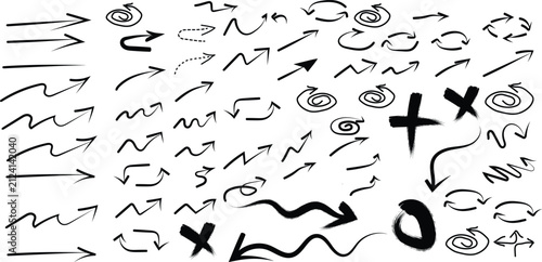 Hand drawn arrow set displaying black sketchy doodle direction symbols