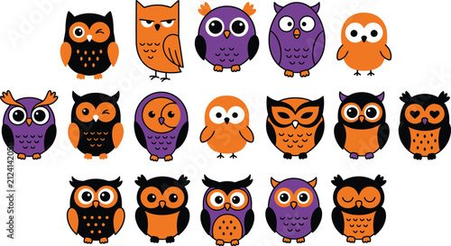 Happy Halloween Cute cartoon owls collection in various colors and styles isolated on white background Vector