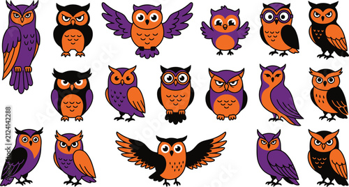 Happy Halloween Colorful cartoon owls collection in various poses and styles Vector