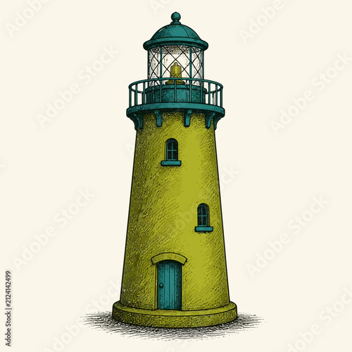 A detailed illustration of a yellow lighthouse with a teal roof and door.