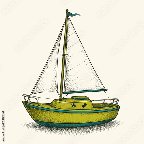 Hand drawn illustration of a small yellow sailboat with a teal trim.