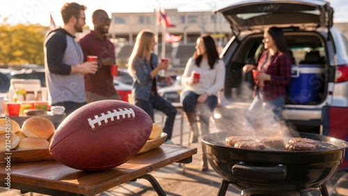 Friends Enjoying a Fun Tailgate Party with Delicious Food and an American Football Game