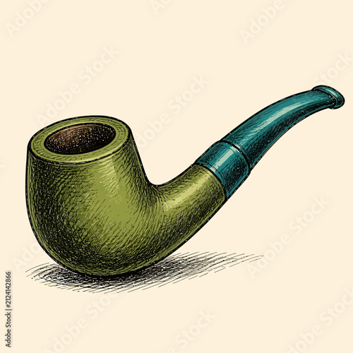 A detailed illustration of a classic green tobacco pipe with a dark stem.