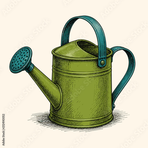 Vintage style green metal watering can illustration.
