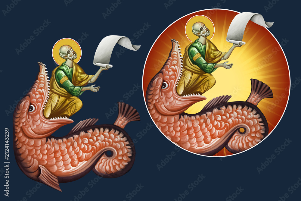 Fototapeta premium Saint Jonah and the Whale. Illustration - fresco set in Byzantine style