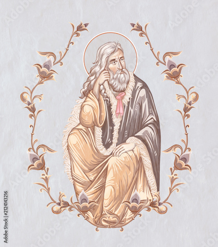 Prophet Saint Elijah. Christian pastel illustration in Byzantine style in floral frame