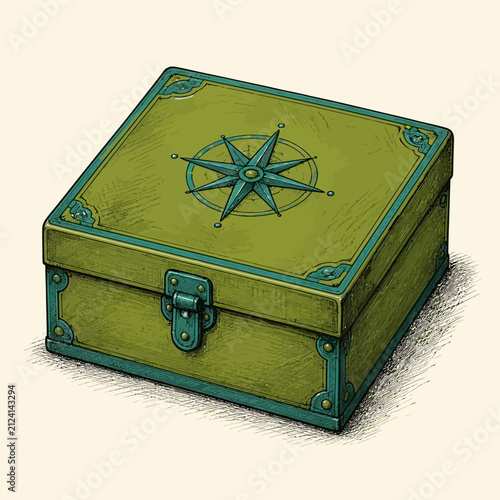 An ornate vintage green wooden chest with a compass rose emblem.