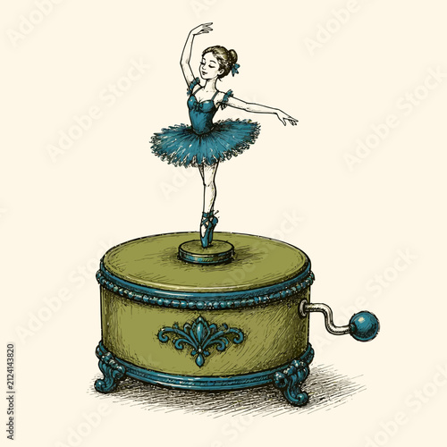 A vintage style music box featuring a delicate ballerina dancer in a blue tutu.