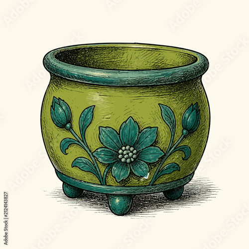 An ornate green ceramic planter featuring a delicate teal floral design and three small feet.