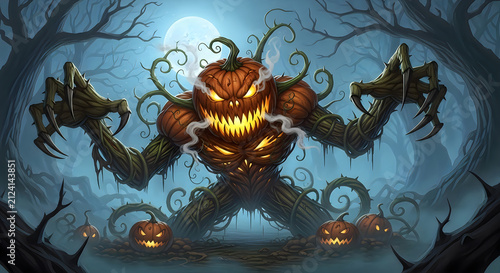 Scary pumpkin monster standing in a dark forest for a spooky hallowen celebration