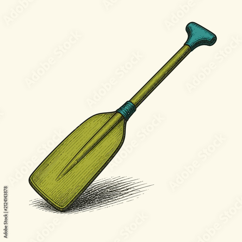 A vintage style illustration of a wooden canoe paddle with a teal handle.