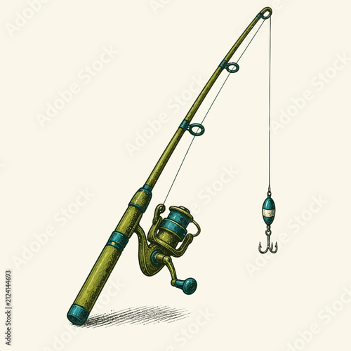 A detailed illustration of a vintage style fishing rod with a spinning reel and hook.