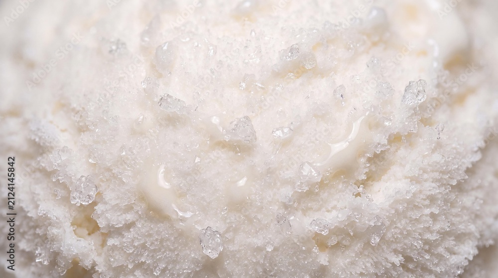 Fototapeta premium Macro View of Vanilla Ice Cream Texture: A close-up, detailed view showcasing the creamy texture of vanilla ice cream, with tiny sugar crystals glistening on its surface.