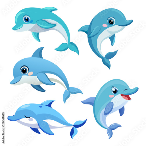 Cute dolphin cartoon characters collection in flat vector style. Adorable marine mammals isolated on white background