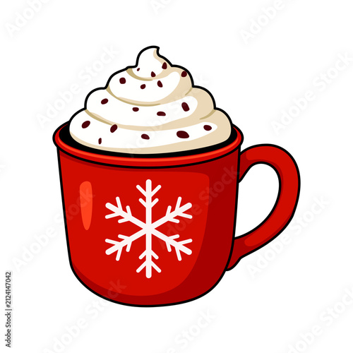 red New Year's mug filled with hot chocolate, topped with whipped cream and chocolate shavings  