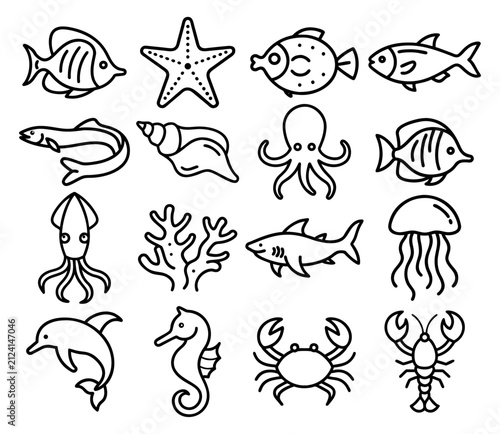 Sea animals outline icon set with fish, octopus, shark, dolphin, jellyfish, crab and coral vector collection