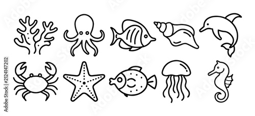 Sea animals outline icons. Marine life outline icon collection with coral, shell, fish, dolphin, jellyfish, octopus and crab