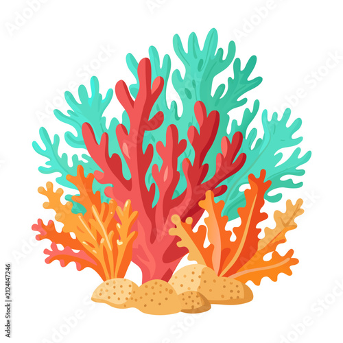 Colorful coral reef vector illustration with tropical corals, sea plants and rocks isolated on white background