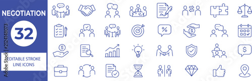 32 Negotiation Vector Outline Icons Set,Business Deal, Agreement, Partnership, Communication and Contract Line Symbols Collection
