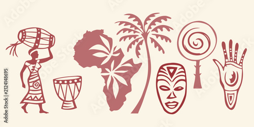 Bild auf Leinwand African Culture Elements Red Brown Vector Illustration On Beige Background