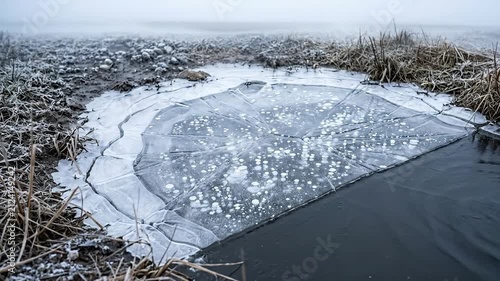 Frozen puddle with ice and bubbles mist rolling in 4K Video