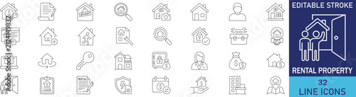 Rental property and real estate house leasing line icon set. Vector symbols for rent agreement, home key, tenant, lease contract, apartment for rent, and monthly payment.