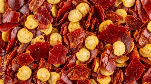 Flakes of Fiery Delight: A close-up macro shot reveals the vibrant texture and color of dried chili pepper flakes and seeds, offering a spicy and flavorful culinary ingredient.